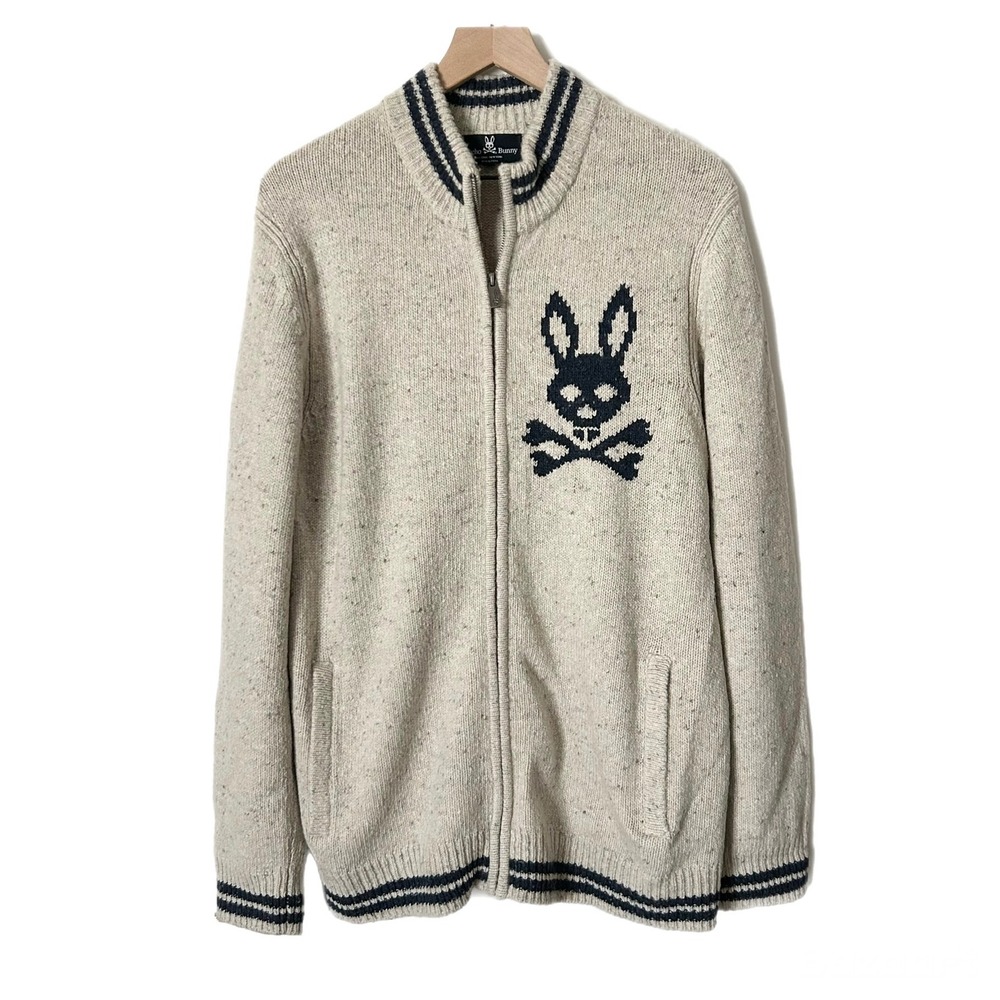 Psycho Bunny Men's Bampton Donegal Full Zip Merino Wool Alpaca Sweater Large